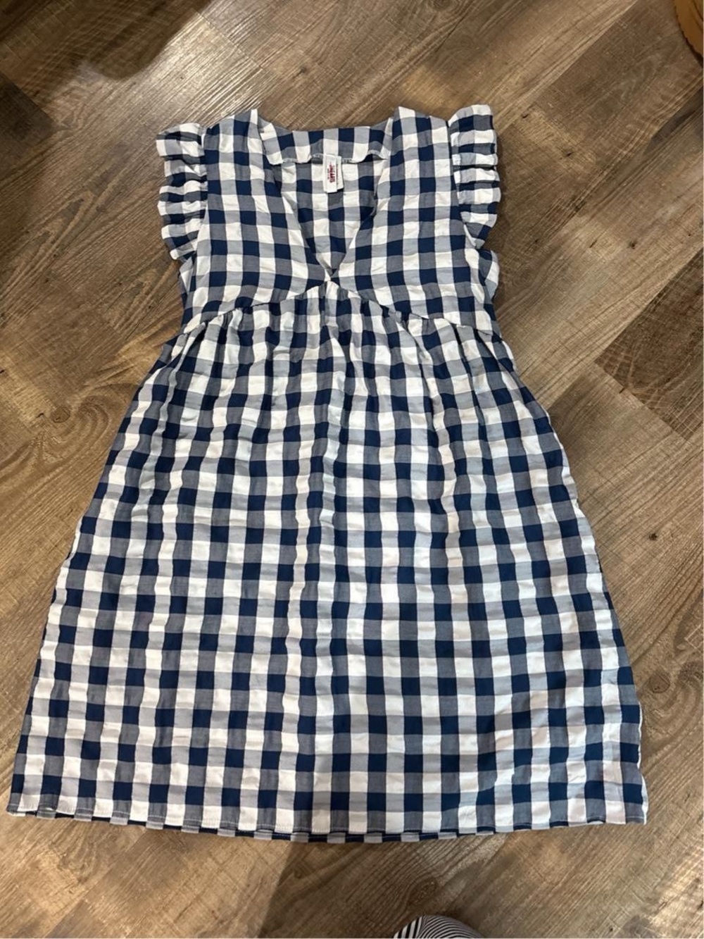 Girls Navy and White Gingham V-Neck Casual Dress
